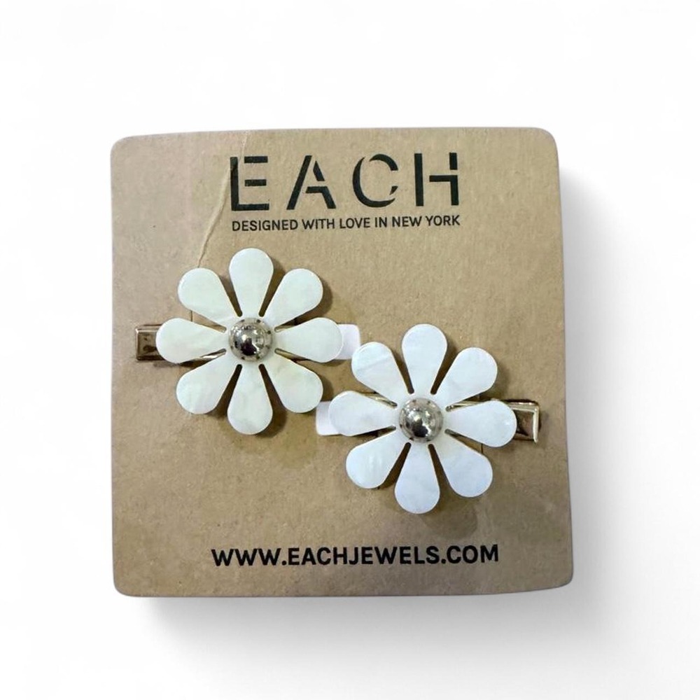 EACH Jewels White Flower Hair Clips Rhinestone Center Gold Barrettes 2pc NEW
